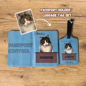 Aangepaste grappige reisset PAWSPORT- Paspoorthouder en bagagelabel huisdierfoto, gepersonaliseerde veganistische leren aanpasbare paspoortbeschermhoes