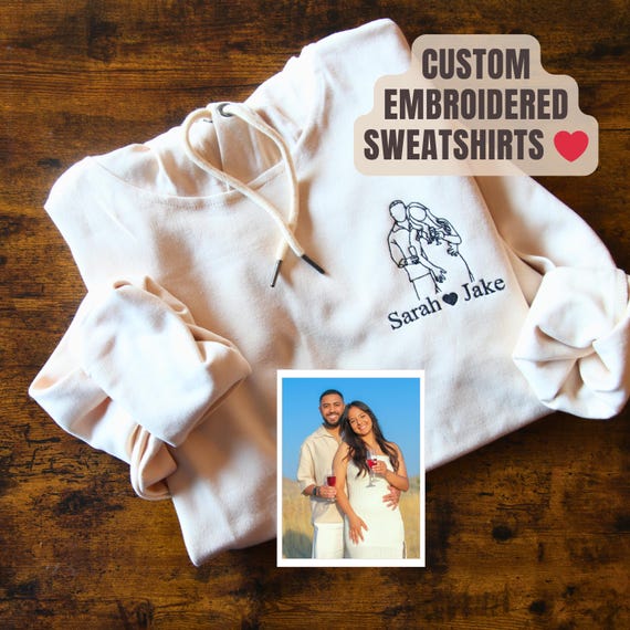 Custom Unisex Sweatshirt Portrait from Photo Embroidered- Personalized Line Art Hoodie, Text Name Sweater, Family Line Drawing, Couple Gift