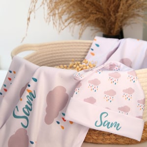 Personalized Baby Name Swaddle Blanket Set Rain- Custom Blanket& Hat Set, Top Knot Gown Headband, Coming Home Outfit, Newborn Essentials