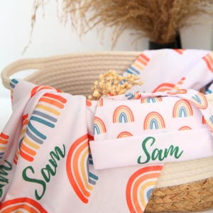 Custom Baby Blanket& Hat Name Knot Gown Set Rainbow- Personalized Swaddle Set, Newborn Essentials Gift, Coming Home Outfit, Hospital Blanket