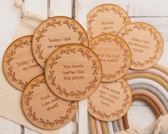 Wooden Funny/Sweary Baby Milestone Discs - Pack of 8 - Traditional Design - Perfect Gift - Baby Shower - Newborn Present - Baby's Firsts