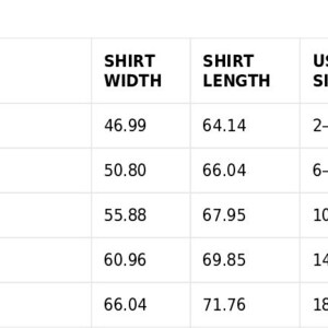 May include: Size guide for shirts with measurements in inches for shirt width and length, US sizes, and EU sizes.  Sizes range from S to 2XL.