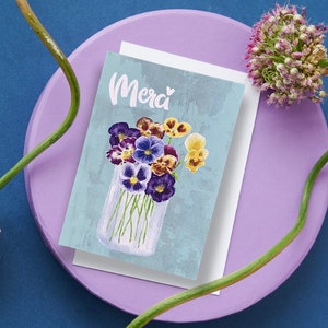 Postkarte Danke | Dankeskarte | Karte Merci | Karte Dankeschön | Postkarte Blumenvase | Stiefmütterchen Veilchen | kleine Aufmerksamkeit