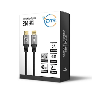 Puede incluir: Un cable HDMI negro y plateado con conectores dorados se muestra en una caja blanca. La caja presenta el texto "Ultra High Speed 2M HDMI Cable" y la marca "DTR". Texto adicional indica 8K, HDR, eARC y 48 Gbps de ancho de banda.