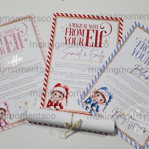 May include: Three festive notes from an elf, each with the message "A Magical Note From Your Elf" and a personalized name. The notes feature pink, red, and blue borders. A rolled scroll tied with a gold ribbon is in the foreground.