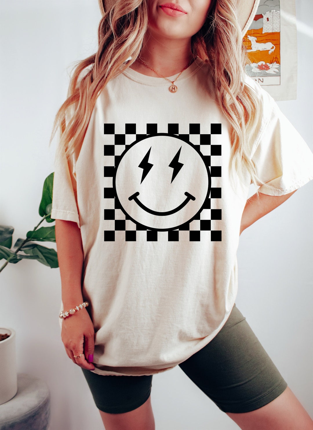 [ STIGMA ]★23 SMILE OVERSIZED T-SHIRTS Checkered Pattern Smiley Face Oversized Vintage T-shirt