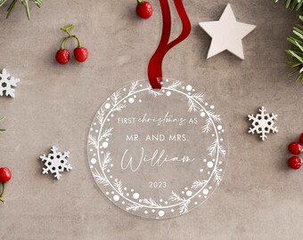 Custom First Christmas as Mr. and Mrs. Christmas Ornament | Clear Engraved Acrylic Ornament | Made in Australia | Design: ORN005