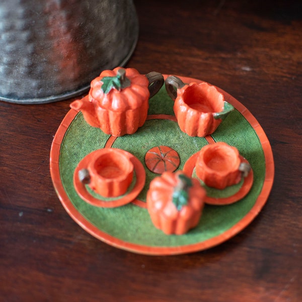 Pumpkin Autumn Teacup & Teapot Set – Small Dainty Dollhouse Miniature Halloween Season Vintage Doll Party Decorations and Dishware