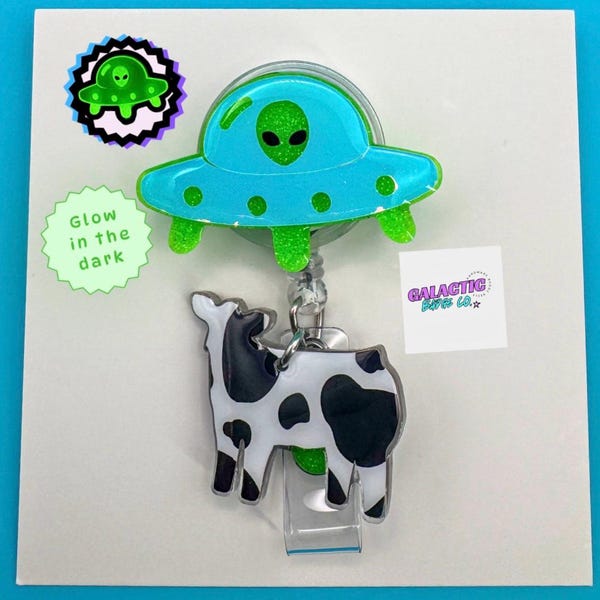 UFO Alien Cow Abduction Badge Reel: Glow in the Dark Green Spaceship, Sci-Fi Nurse Gift, Night Shift X-Ray and RN Retractable ID Holder