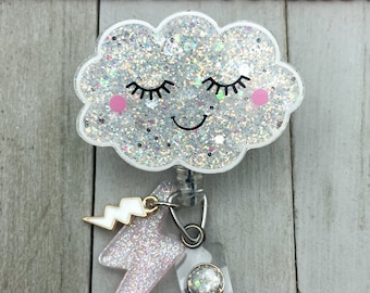 Glitter Cloud Badge Reel: Handmade Acrylic Nurse ID Holder