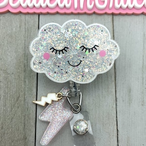 Happy Cloud badge reel, Cloud badge reel,  glitter badge reel, funny badge reel, gifts for nurses, cute badge reel