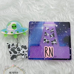 UFO Cow Abduction badge reel, Glow in the dark, Cow Abduction badge buddy, Space badge reel, Gifts for nurses, Galaxy badge buddy