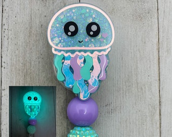 Jellyfish badge reel, Glow in the dark, Jellyfish Baby, Ocean, Badge holder, badge reel with beads, gifts for nurses, Summer badge reel