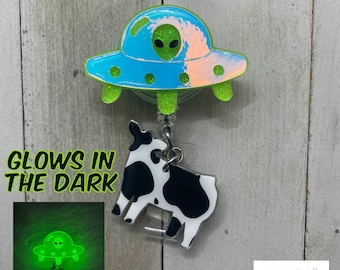 UFO Cow Abduction badge reel, Glow in the dark, Alien spaceship badge reel, Space badge reel, cow abduction badge reel, gifts for nurses