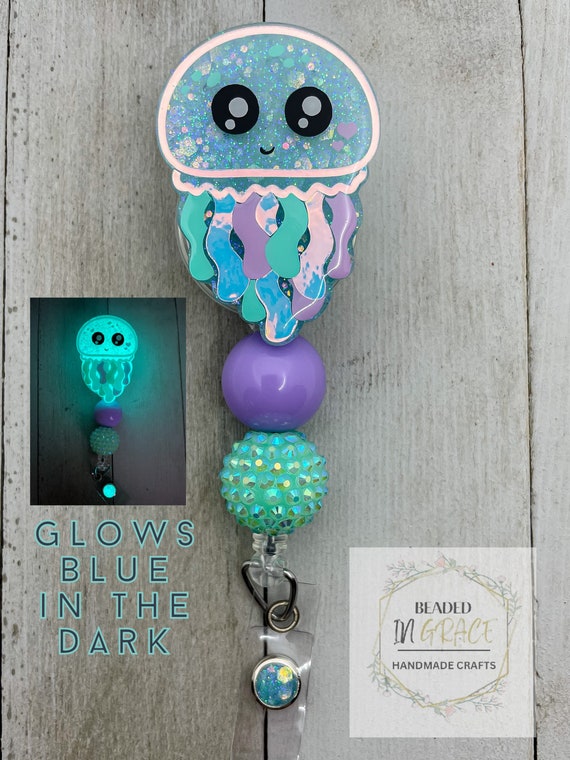 Jellyfish Badge Reel, Glow in the Dark, Jellyfish Baby, Ocean, Badge Holder,  Badge Reel With Beads, Gifts for Nurses, Summer Badge Reel 