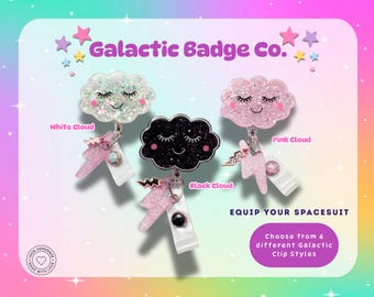 Glitter Cloud Badge Reel with Lightning Charm: Handmade Acrylic Nurse Clip