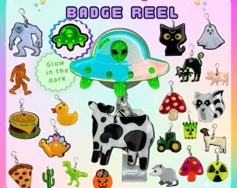 UFO Alien Cow Abduction Badge Reel: Glow in the Dark Green Spaceship, Sci-Fi Nurse Gift, Night Shift X-Ray and RN Retractable ID Holder