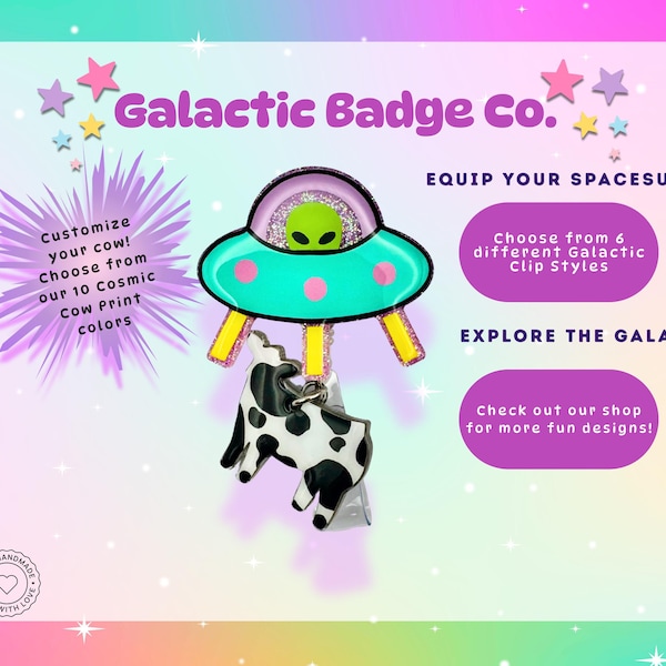 UFO Alien Cow Abduction Badge Reel: Alien Spaceship, Funny Gifts, Gifts for Nurses, Space Cow, Retro Alien UFO, Cow Charm, Halloween