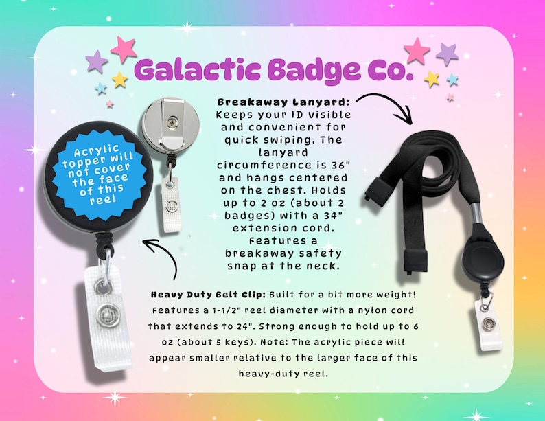 Peut inclure: Un enrouleur de badge noir de 3,8 cm de diam&egrave;tre avec un cordon en nylon de 61 cm, pouvant supporter 170 grammes. Inclut un cordon de s&eacute;curit&eacute; noir de 91 cm de circonf&eacute;rence, une extension de 86 cm et une capacit&eacute; de charge de 57 grammes.