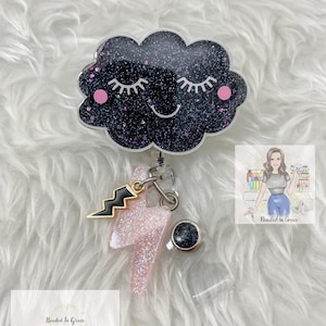 Black Cloud badge reel, Cloud badge reel,  glitter badge reel, funny badge reel, gift for nurse, cute badge reel