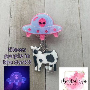 UFO Cow Abduction badge reel, Glow in the dark, Alien spaceship badge reel, Space badge reel, cow abduction badge reel, gifts for nurses
