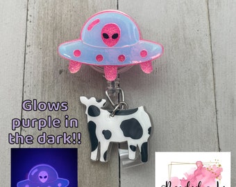 UFO Cow Abduction badge reel, Glow in the dark, Alien spaceship badge reel, Space badge reel, cow abduction badge reel, gifts for nurses