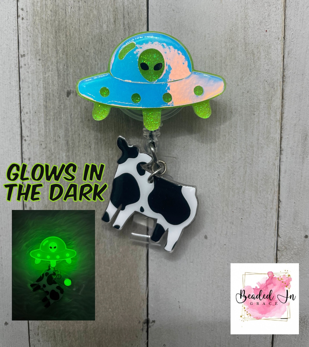 UFO Cow Abduction Badge Reel, Glow in the Dark, Alien Spaceship Badge Reel,  Space Badge Reel, Cow Abduction Badge Reel, Gifts for Nurses 