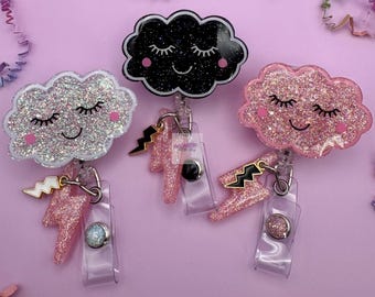 Porte-badge rétractable à paillettes « Nuage noir/Nuage joyeux » : breloque éclair rose, clip d’identification à paillettes rétractable, cadeau pour infirmières, étudiants, collègues