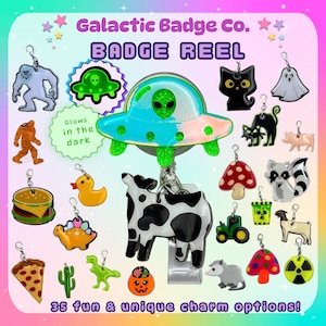 UFO Alien Cow Abduction Badge Reel: Glow in the Dark Green Spaceship, Sci-Fi Nurse Gift