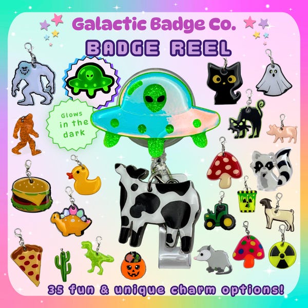 UFO Alien Cow Abduction Badge Reel: Glow in the Dark Green Spaceship, Sci-Fi Nurse Gift
