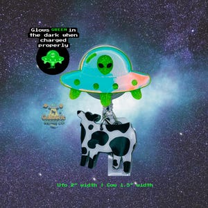UFO Alien Cow Abduction Badge Reel: Glow in the Dark, Alien Spaceship, Funny Gifts, Gifts for Nurses, Space Cow, Green Alien UFO, Cow Charm