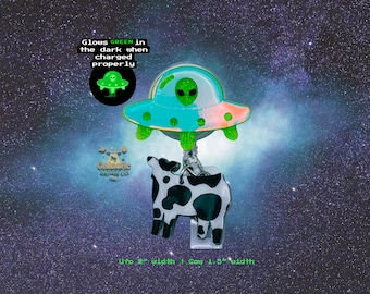 UFO Alien Cow Abduction Badge Reel: Glow in the Dark, Alien Spaceship, Funny Gifts, Gifts for Nurses, Space Cow, Green Alien UFO, Cow Charm
