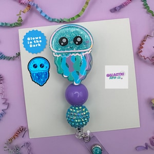 Blue Glow-in-the-Dark Jellyfish Badge Reel: Beaded Retractable Medical ID Clip, Gifts for Pediatric Office RN, Medical Assistant, Secretary