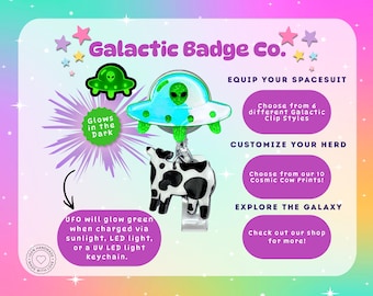 UFO Alien Cow Abduction Badge Reel: Glow in the Dark Green Spaceship, Sci-Fi Nurse Gift