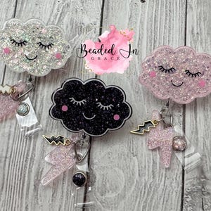 Black Cloud badge reel, Happy White Cloud badge reel, Happy Pink Cloud badge reel, Matching Coworker badge reels, Nurse badge reels