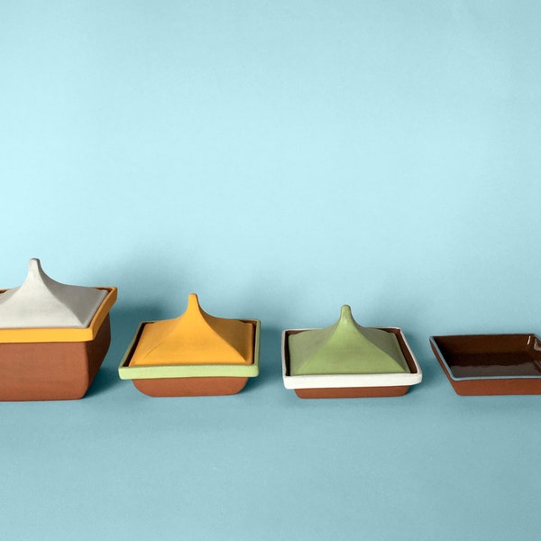 Side Serving Dishes Lidded Square Terracotta Ceramics Varied Coloured Set of Four. Largest 14cmH 13cmL 13cmW. Smallest 2cmH 13cmL 13cmW