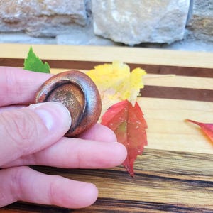 Puede incluir: Un objeto redondeado de color cobre con un brillo metálico, sostenido en una mano. El objeto está rodeado de coloridas hojas de otoño en tonos rojos, amarillos y verdes, sobre una tabla de cortar de madera.