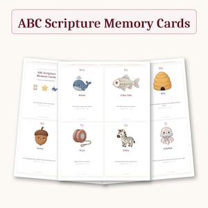 May include: A set of ABC Scripture Memory Cards featuring illustrations for each letter, including a whale, x-ray fish, hive, acorn, yo-yo, zebra, and jellyfish. Each card displays a letter, a corresponding word, and a Bible verse citation.