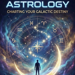 Op de afbeelding: Boekomslag voor "Starseed Astrology: Charting Your Galactic Destiny". De afbeelding toont een hemels ontwerp met dierenriemtekens, sterrenbeelden en een silhouet op een halve maan. De titel staat in grote, gloeiende witte letters.