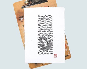 Screaming Opossum linoleum block print on handmade recycled paper - A4 / 8.25x11.7&quot; - White paper - Hand pressed
