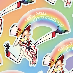 Op de afbeelding: Een cartoonfiguur met een kroon en een regenboog erachter. Het figuur draagt een wit pak met rode accenten en een witte hoed. De regenboog heeft de tekst "Take that, depression!" erop.