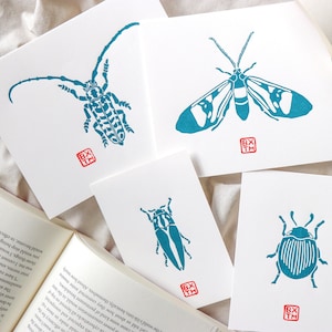 Mini Bug Prints - Lino block printed - Hand printed in blue on 220 gsm paper