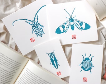 Mini Bug Prints - Lino block printed - Hand printed in blue on 220 gsm off-white paper