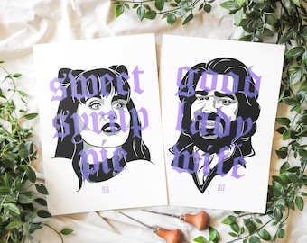 Laszlo & Nadja portraits - linoleum block print, periwinkle on black - size A4 - Off-white paper - What We Do In The Shadows