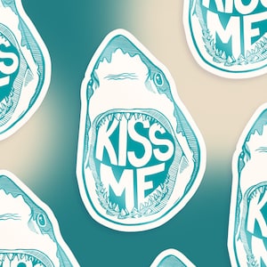 Kiss Me shark glossy paper based vinyl sticker - Reproduction of original linocut - approx. 9.1 x 5.8 cm in size