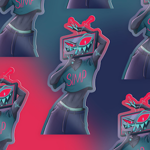 Op de afbeelding: Een herhalend patroon van stickers met een cartoonfiguur met een televisie als hoofd. Het personage draagt ​​een blauwe jeans en een turquoise shirt met het woord "SIMP" erop gedrukt. Het televisiescherm heeft rode ogen en een tandenrij.