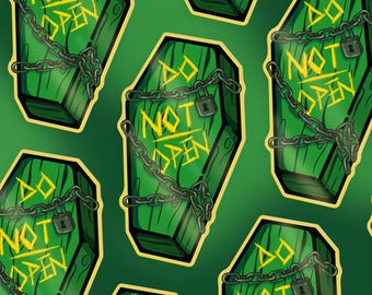 May include: A repeating pattern of green coffin-shaped stickers with a yellow "DO NOT OPEN" message and a padlock. The coffins are chained with a black chain.