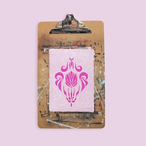Floral ornamental linoleum block print on handmade recycled paper - A5 / 6x8&quot; - Magenta print on dusty pink and silver speckled paper