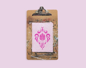 Floral ornamental linoleum block print on handmade recycled paper - A5 / 6x8" - Magenta print on dusty pink and silver speckled paper