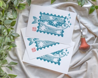 Starry Fish Stamp - Linoleum block print on sturdy 220gsm off-white art paper - Size A6, 10.5 x 14.8 cm - Pressed by hand